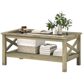 HOMCOM Coffee Table with Tempered Glass Tabletop, Living Room Table with Wood Frame and Underneath Storage Shelf, Gray