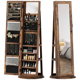 HOMCOM 360Â° Swivel Jewelry Armoire, Lockable Jewelry Cabinet with Full-Length Mirror, Storage Shelves, Rustic Brown