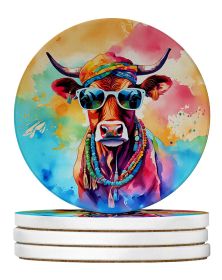Hippie Animal Cow Large Sandstone Coasters Pack of 4 Absorbent Round Coasters Decor Gifts for Men or Women, 4 in, Multicolor