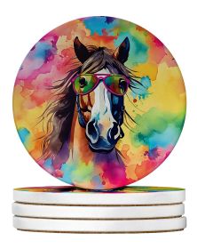 Hippie Animal Horse Large Sandstone Coasters Pack of 4 Absorbent Round Coasters Decor Gifts for Men or Women, 4 in, Multicolor