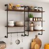 Industrial Pipe Shelf 3 Tier and 2 Tier Wall Mounted Shelves 36in Wood Display Shelves, and 3 additional hooks,Farmhouse Kitchen Bar Shelf