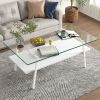 Rectangle Coffee Table, Tempered Glass Tabletop with White Metal Legs, Modern Table for Living Room , Transparent Glass