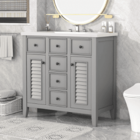 36 Bathroom Vanity With Ceramic Basin, Two Cabinets And Five Drawers, Solid Wood Frame, Grey (Color: Grey)