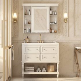 36'' Bathroom Vanity With Medicine Cabinet, Modern Mirror Cabinet With Adjustable Shelf, Bathroom Storage Cabinet With 4 Drawers, Solid Wood Fram (Color: Beige)