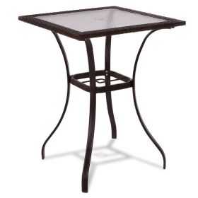 28.5 Inch Outdoor Patio Square Glass Top Table With Rattan Edging (Color: Brown)