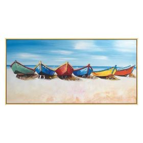 Hand Painted Boat Beach Canvas Painting Landscape Oil Painting For Living Room Salon Decoration Modern Wall Art Picture Handmade (size: 50X100cm)