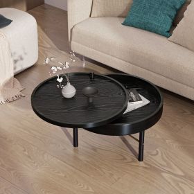Modern Round Wood Rotating Tray Coffee Table with Storage & Metal Legs (Color: Black, Material: Metal,Rubber Wood)